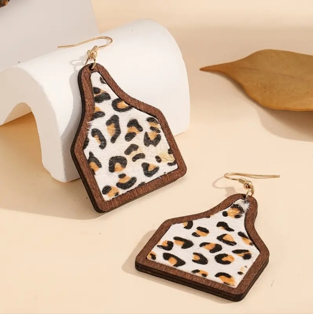 Wooden and faux hyde Cattle ear tag western leopard earrings